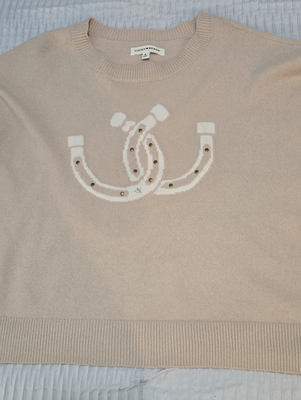 Lucky Brand Beige Crewneck Sweater with White Horseshoe Accent